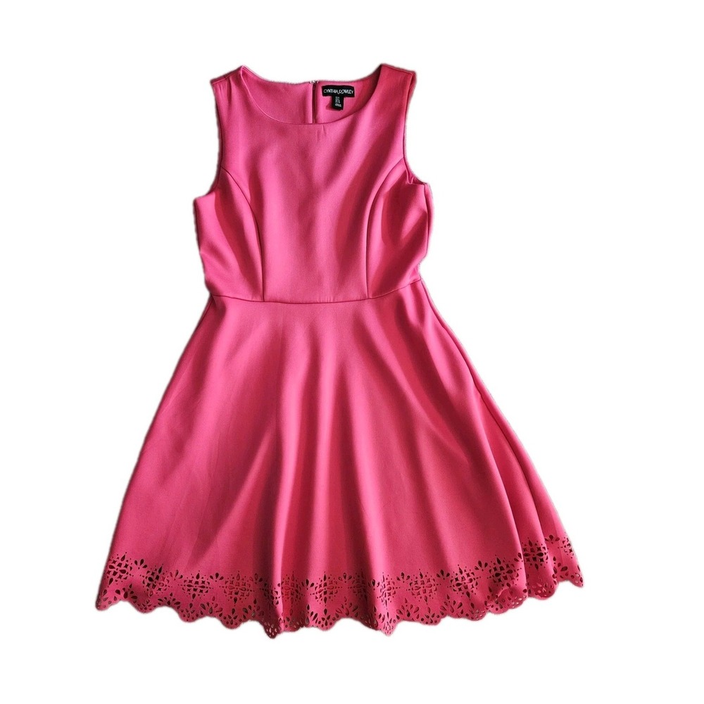 Cynthia Rowley Dress Womens 6 Pink Fit Flare Laser Cut Eyelet Hem Scalloped Mini